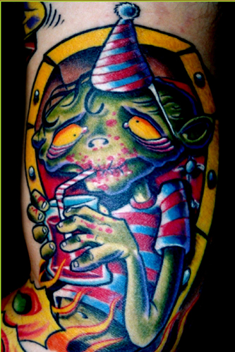 Tattoos - Oddities tattoos - blood drinkin party zombie in a coffin tattoo